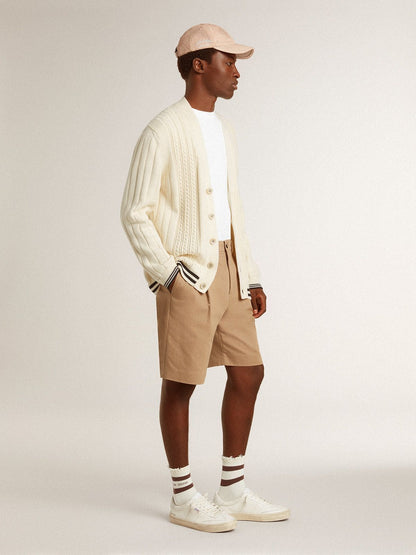 Men's white cotton cardigan with a cable pattern and blue ribbing - Golden Goose Men