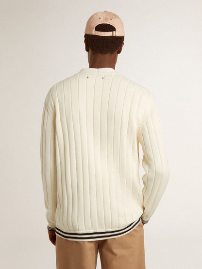 Men's white cotton cardigan with a cable pattern and blue ribbing - Golden Goose Men
