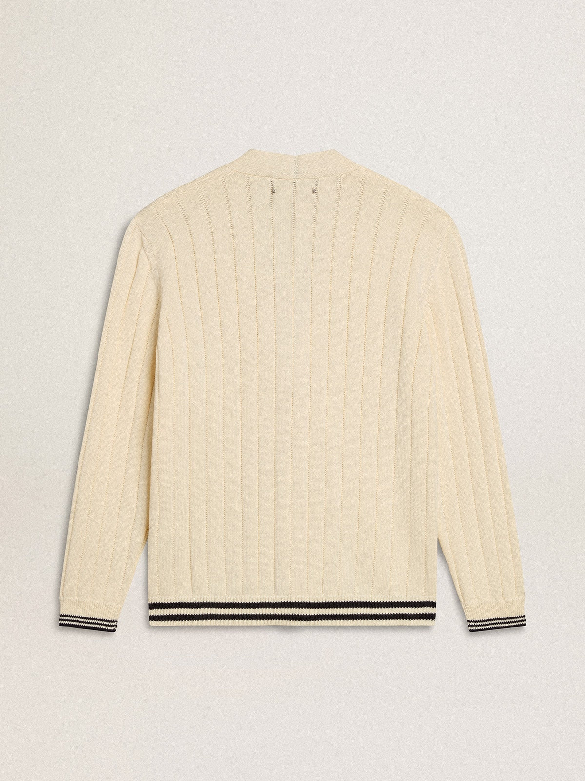 Men's white cotton cardigan with a cable pattern and blue ribbing - Golden Goose Men