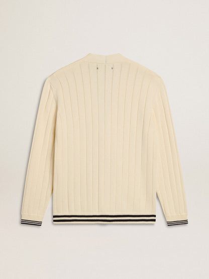 Men's white cotton cardigan with a cable pattern and blue ribbing - Golden Goose Men