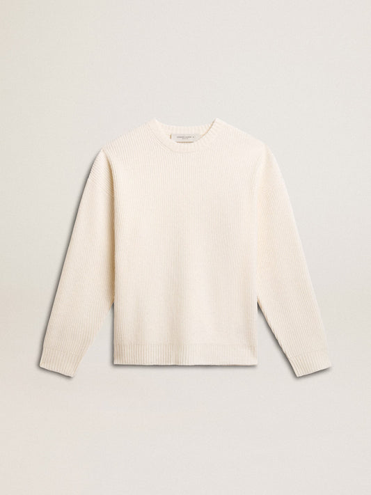 Men's crew-neck sweater in worn white ribbed wool - Golden Goose Men