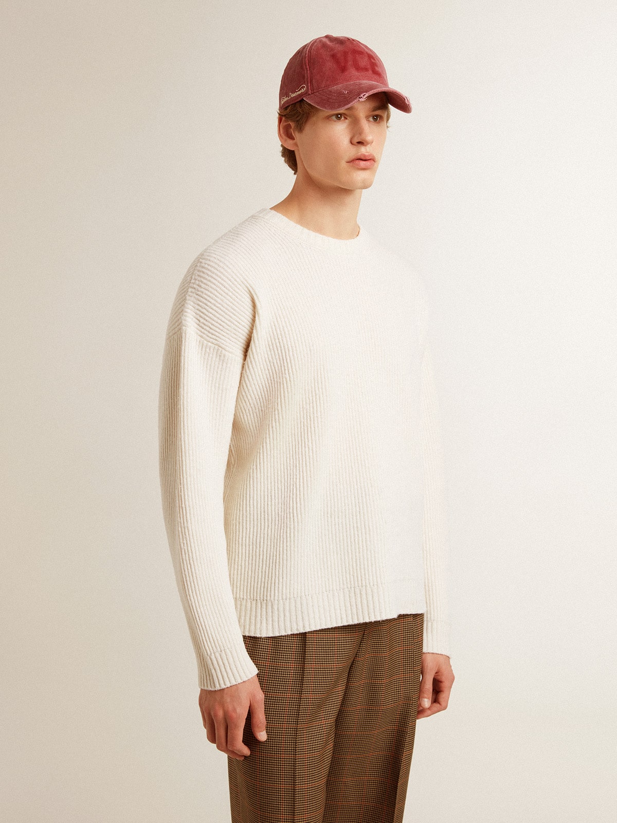 Men's crew-neck sweater in worn white ribbed wool - Golden Goose Men