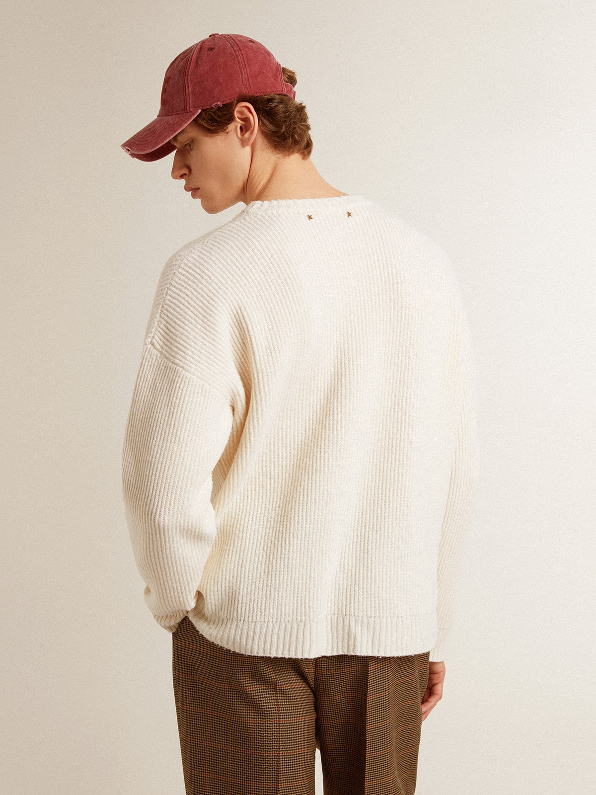 Men's crew-neck sweater in worn white ribbed wool - Golden Goose Men