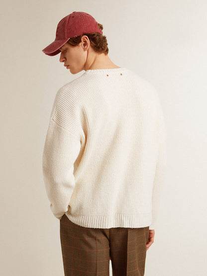 Men's crew-neck sweater in worn white ribbed wool - Golden Goose Men