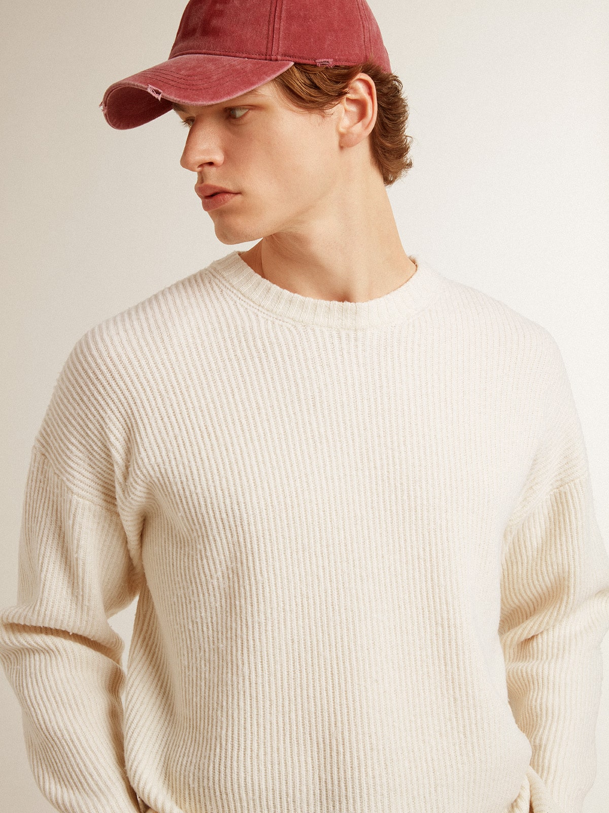 Men's crew-neck sweater in worn white ribbed wool - Golden Goose Men