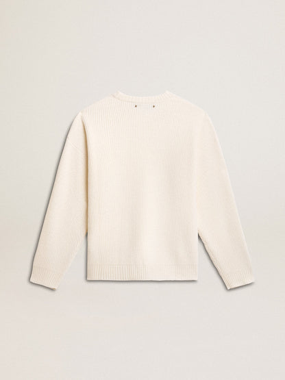 Men's crew-neck sweater in worn white ribbed wool - Golden Goose Men