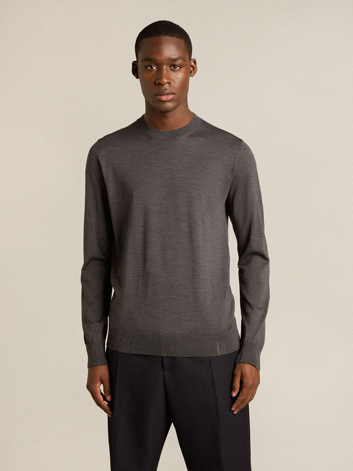 Men's round-neck sweater in dark gray mélange wool - Golden Goose Men