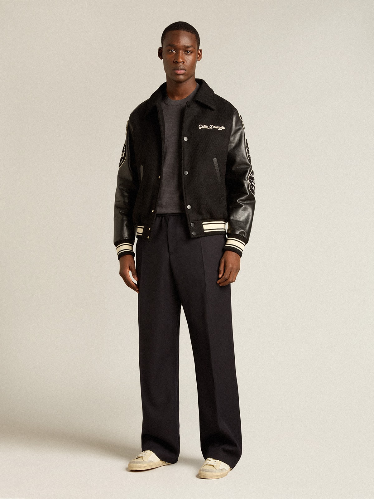 Men's round-neck sweater in dark gray mélange wool - Golden Goose Men