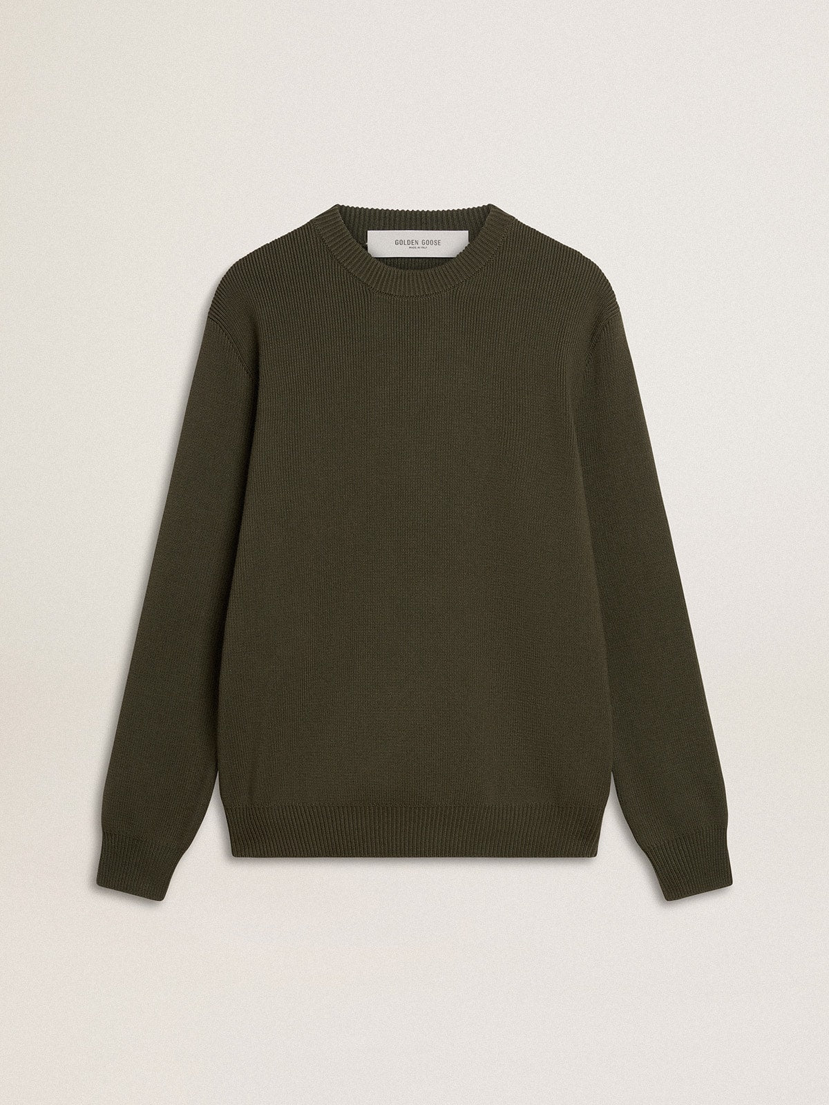 Men's military green crew neck sweater with 'Golden' lettering on the back - Golden Goose Men