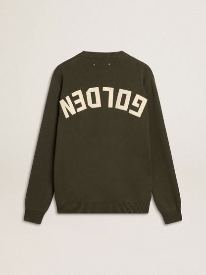 Men's military green crew neck sweater with 'Golden' lettering on the back - Golden Goose Men