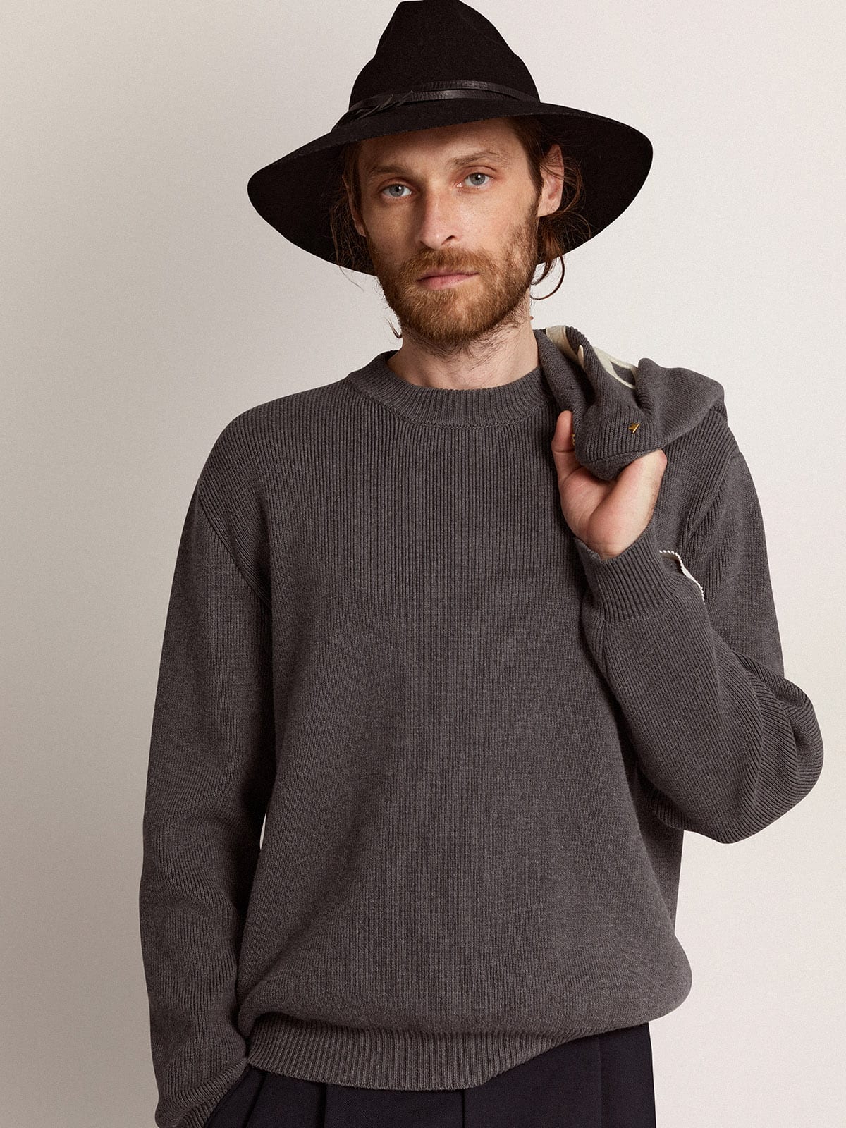 Men's round-neck sweater in dark gray cotton with logo on the back - Golden Goose Men
