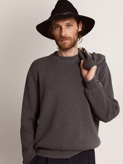 Men's round-neck sweater in dark gray cotton with logo on the back - Golden Goose Men