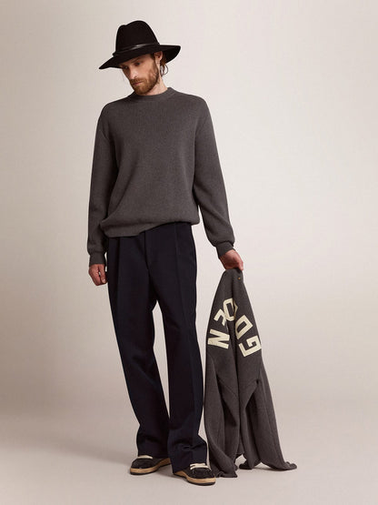 Men's round-neck sweater in dark gray cotton with logo on the back - Golden Goose Men