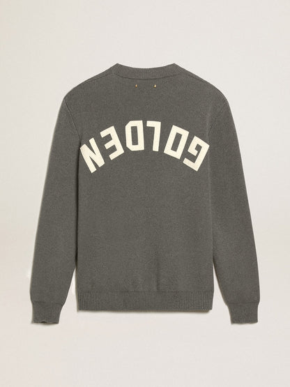 Men's round-neck sweater in dark gray cotton with logo on the back - Golden Goose Men