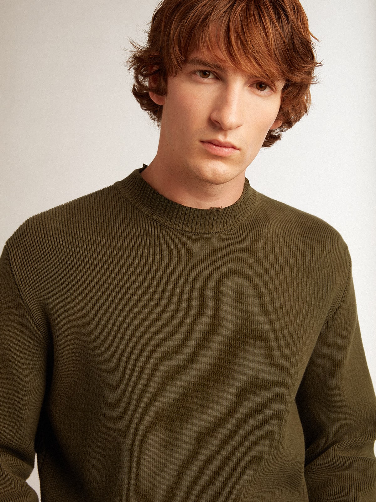 Men's round-neck sweater in military green cotton - Golden Goose Men