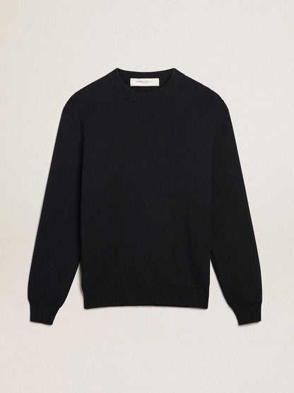Men's round-neck sweater in dark blue cotton with logo - Golden Goose Men
