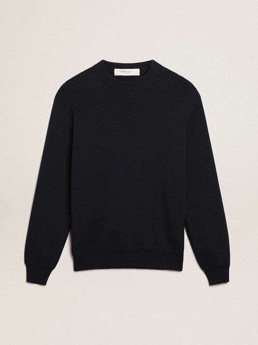 Men's round-neck sweater in dark blue cotton with logo - Golden Goose Men