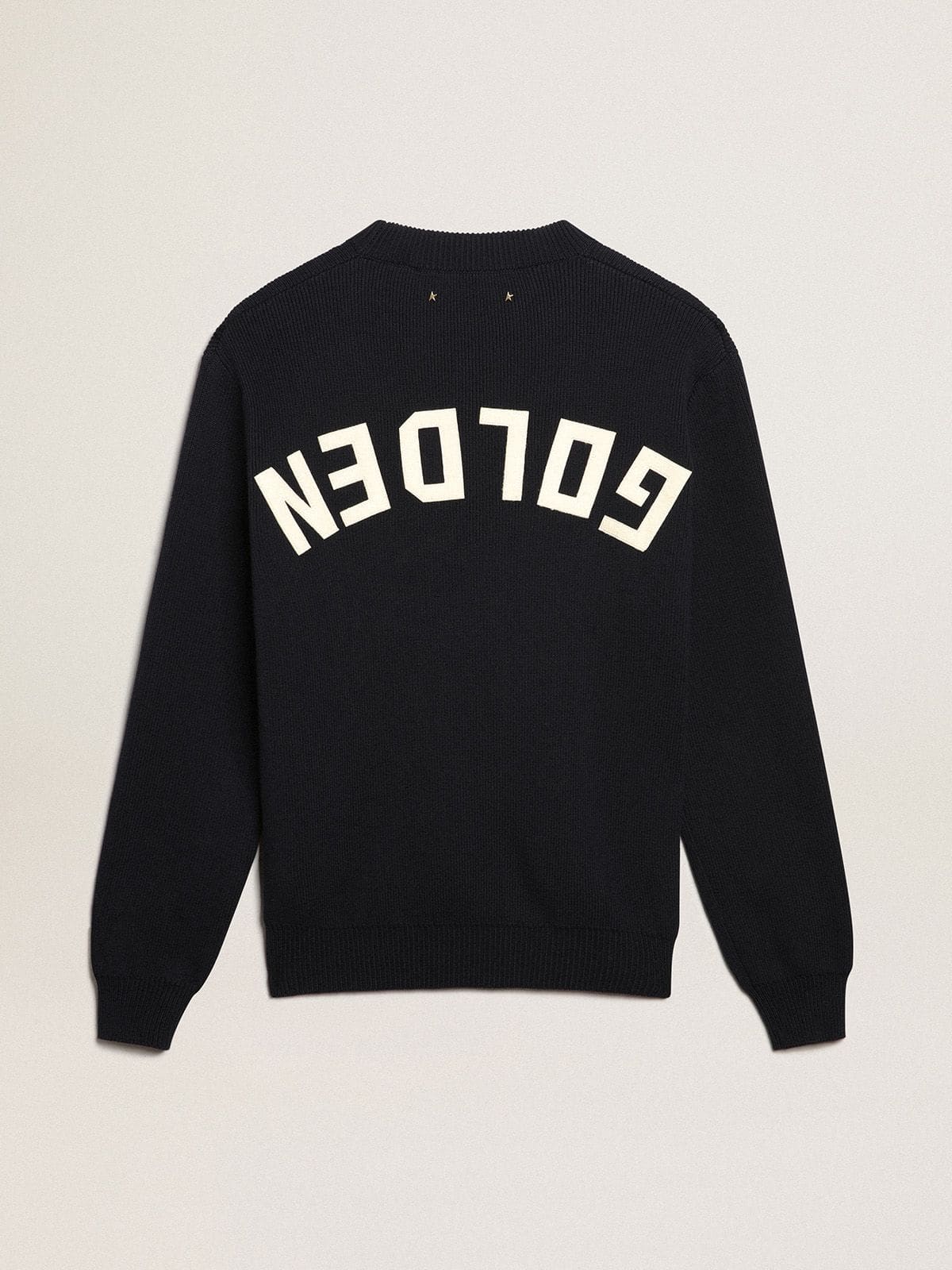 Men's round-neck sweater in dark blue cotton with logo - Golden Goose Men