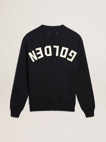 Men's round-neck sweater in dark blue cotton with logo - Golden Goose Men