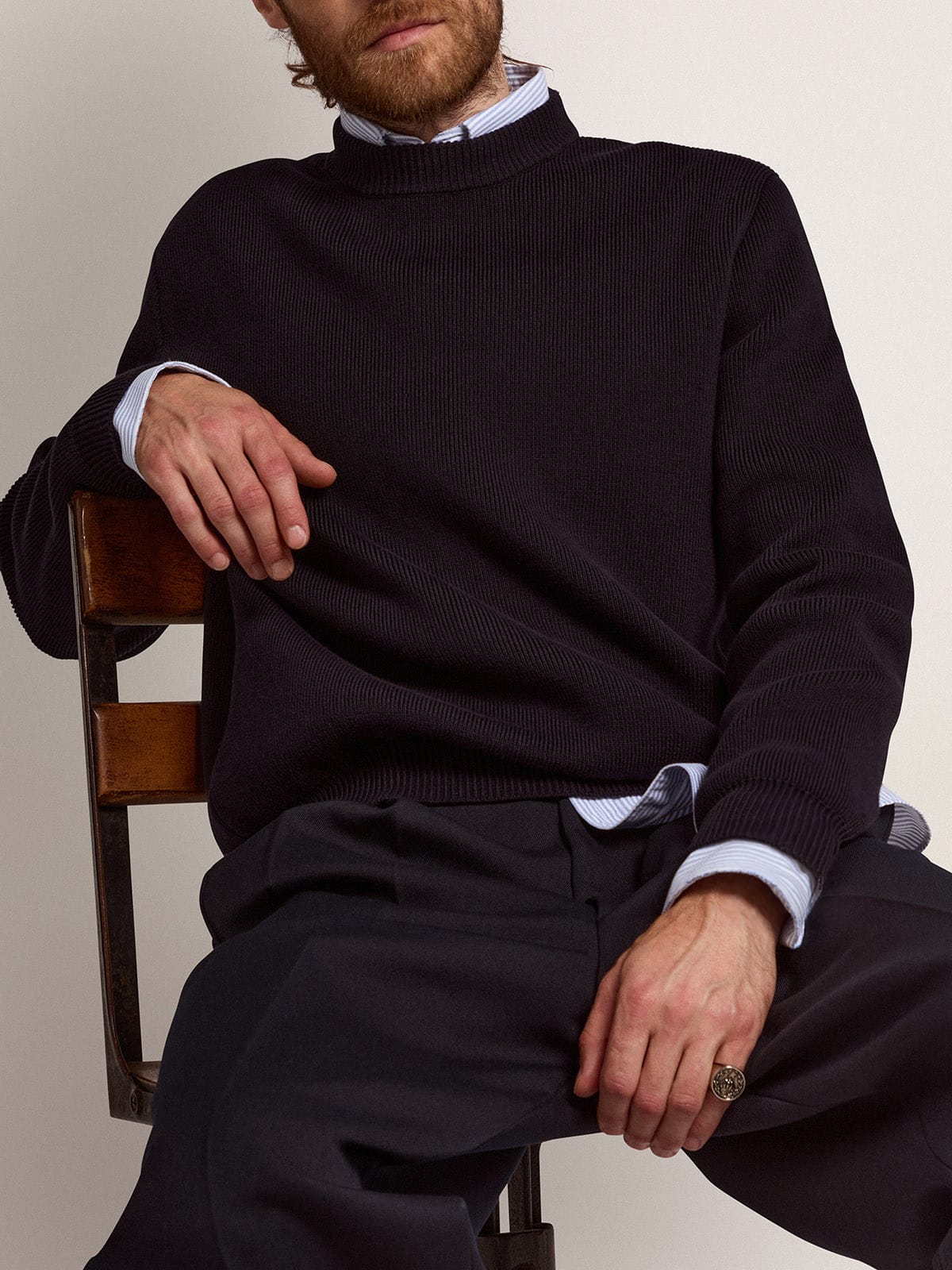 Men's round-neck sweater in dark blue cotton with logo - Golden Goose Men