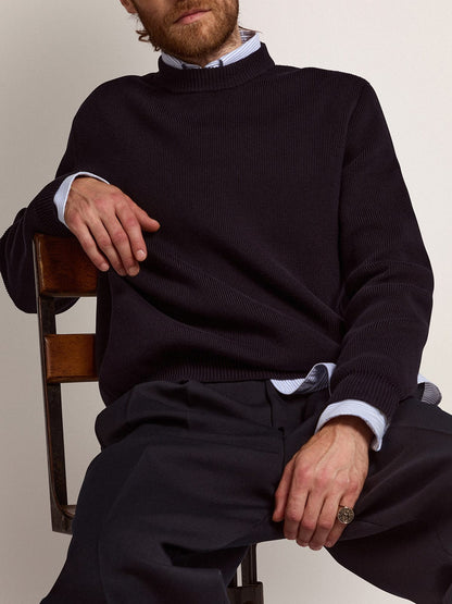 Men's round-neck sweater in dark blue cotton with logo - Golden Goose Men