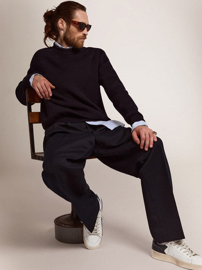 Men's round-neck sweater in dark blue cotton with logo - Golden Goose Men