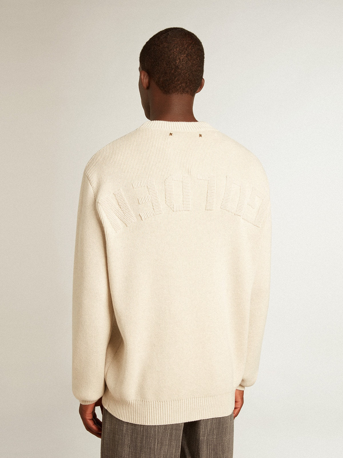 Men’s round-neck sweater in panama-colored cotton with logo on the back - Golden Goose Men