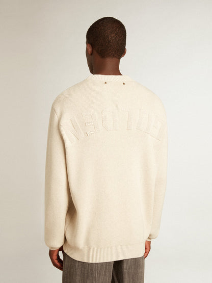 Men’s round-neck sweater in panama-colored cotton with logo on the back - Golden Goose Men