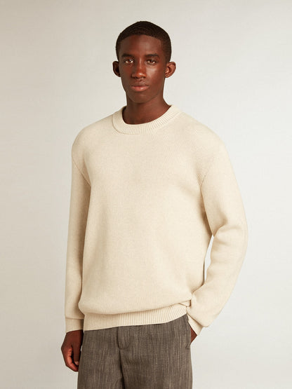 Men’s round-neck sweater in panama-colored cotton with logo on the back - Golden Goose Men