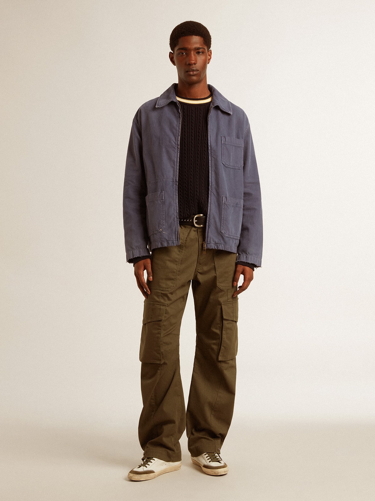 Men’s blue round-neck sweater with contrasting ribbing - Golden Goose Men