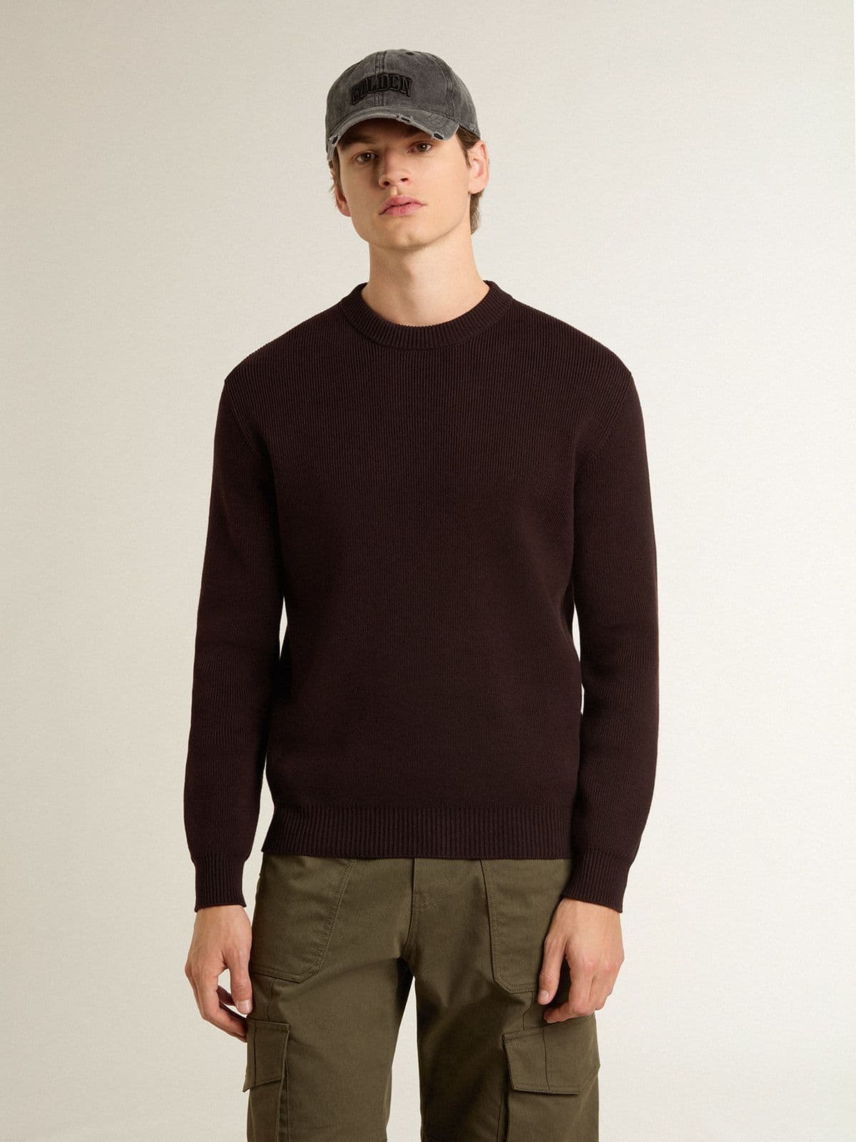 Men's brown crew-neck sweater with 'Golden' lettering on the back - Golden Goose Men