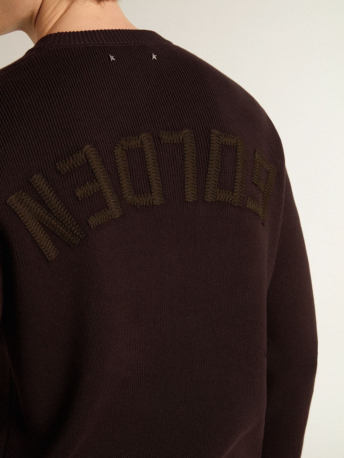 Men's brown crew-neck sweater with 'Golden' lettering on the back - Golden Goose Men