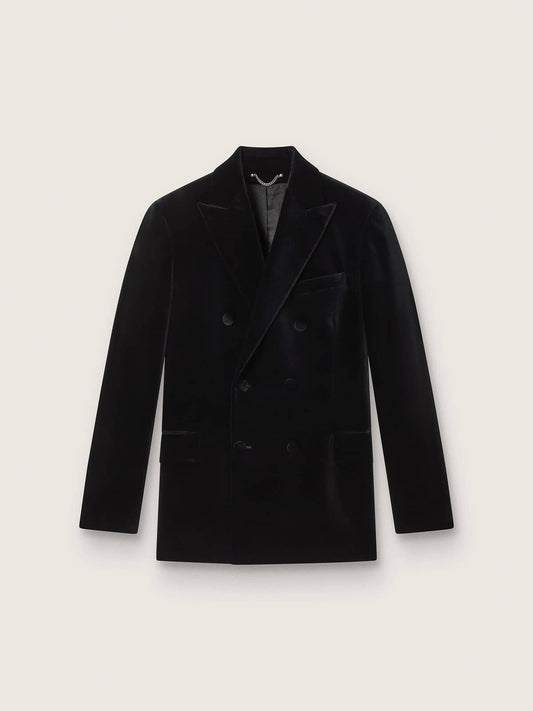 Men’s double-breasted blazer in black velvet with black satin lapels - Golden Goose Men