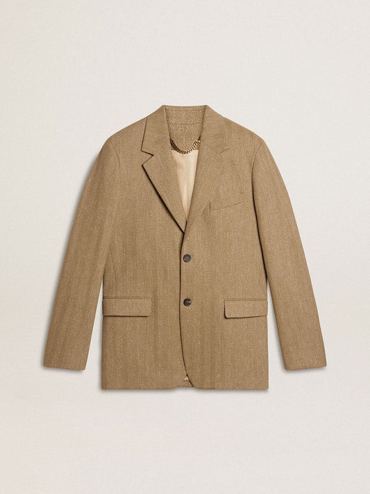 Men's single-breasted blazer in a sand-colored chevron linen blend. - Golden Goose Men
