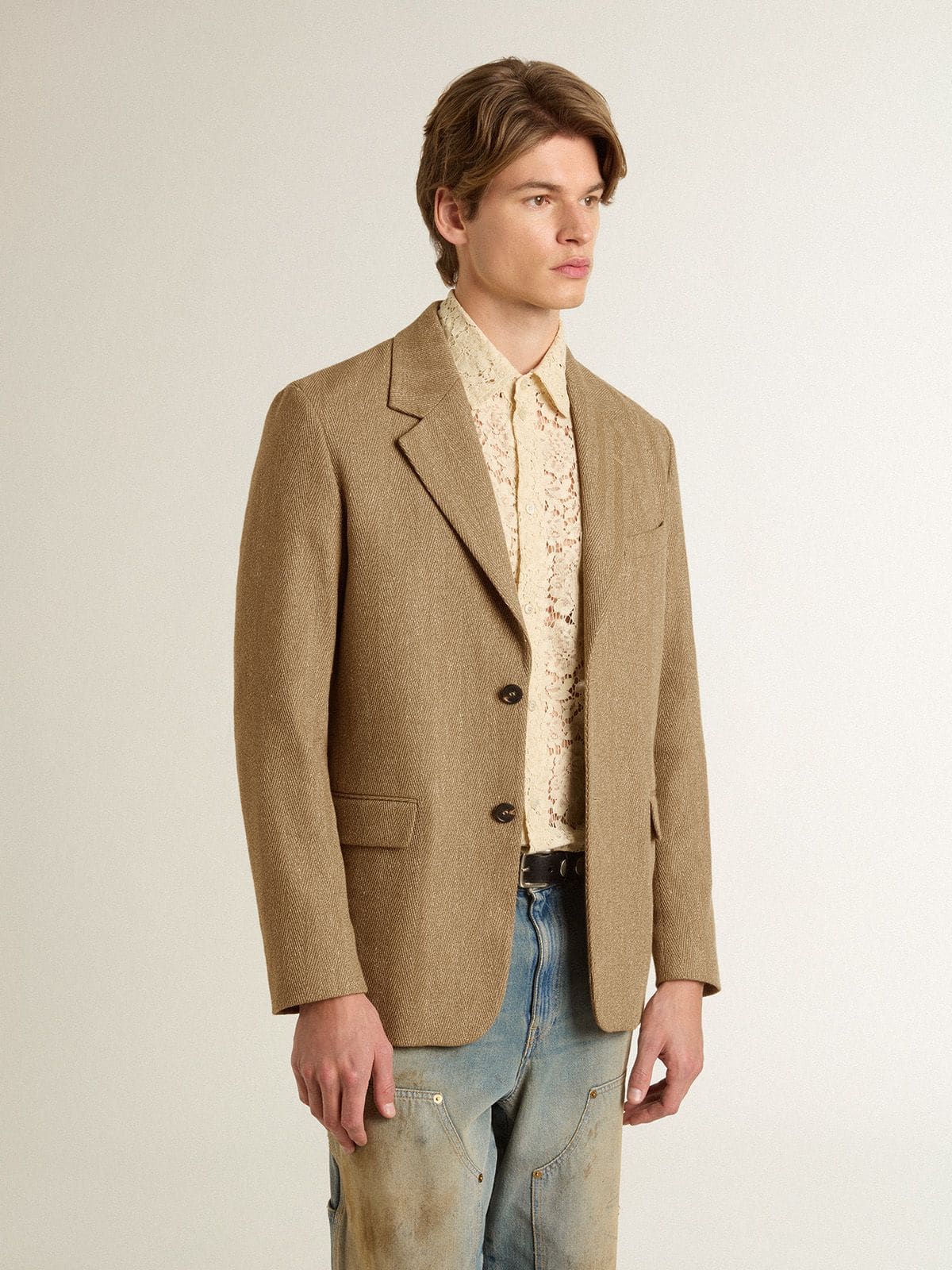 Men's single-breasted blazer in a sand-colored chevron linen blend. - Golden Goose Men