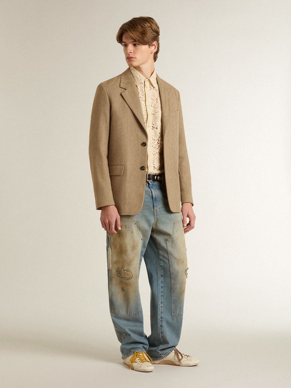 Men's single-breasted blazer in a sand-colored chevron linen blend. - Golden Goose Men
