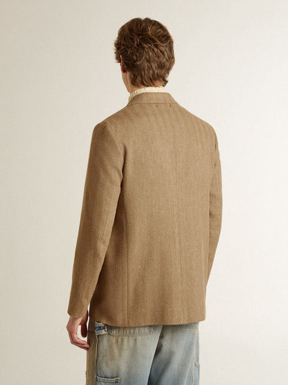 Men's single-breasted blazer in a sand-colored chevron linen blend. - Golden Goose Men