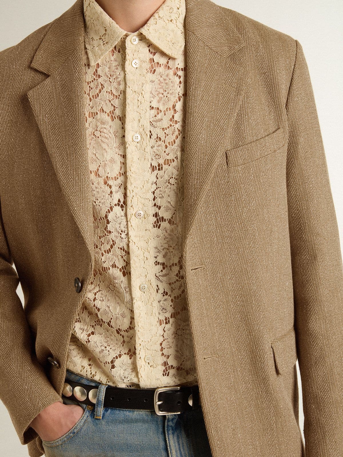 Men's single-breasted blazer in a sand-colored chevron linen blend. - Golden Goose Men