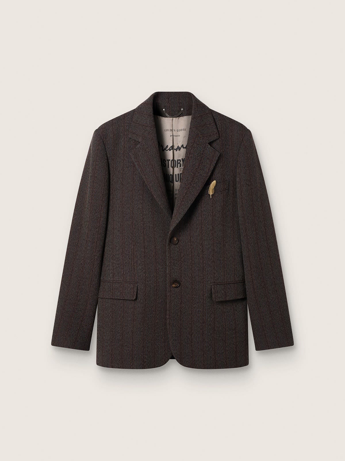 Men's single-breasted blazer in dark brown wool with thin stripe pattern - Golden Goose Men