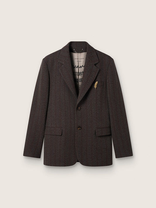 Men's single-breasted blazer in dark brown wool with thin stripe pattern - Golden Goose Men