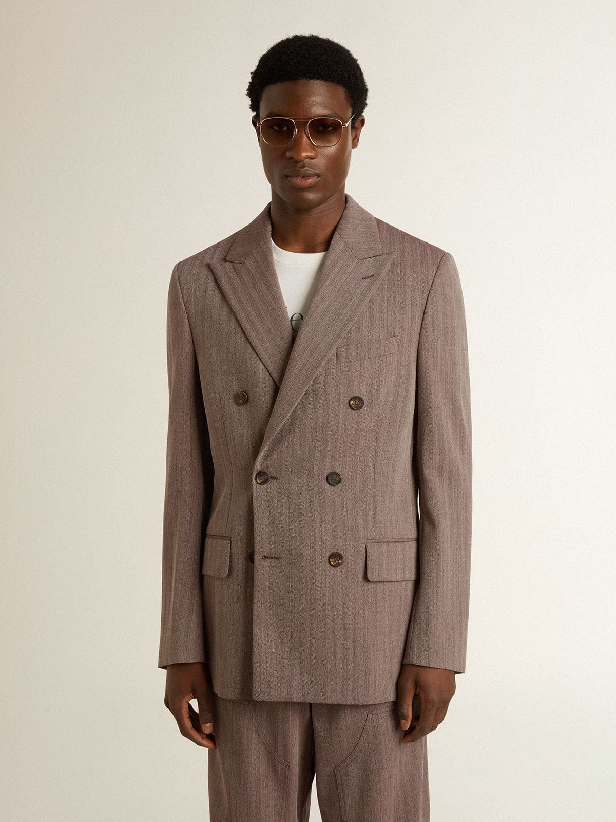 Men's beige chevron wool blend double-breasted blazer - Golden Goose Men