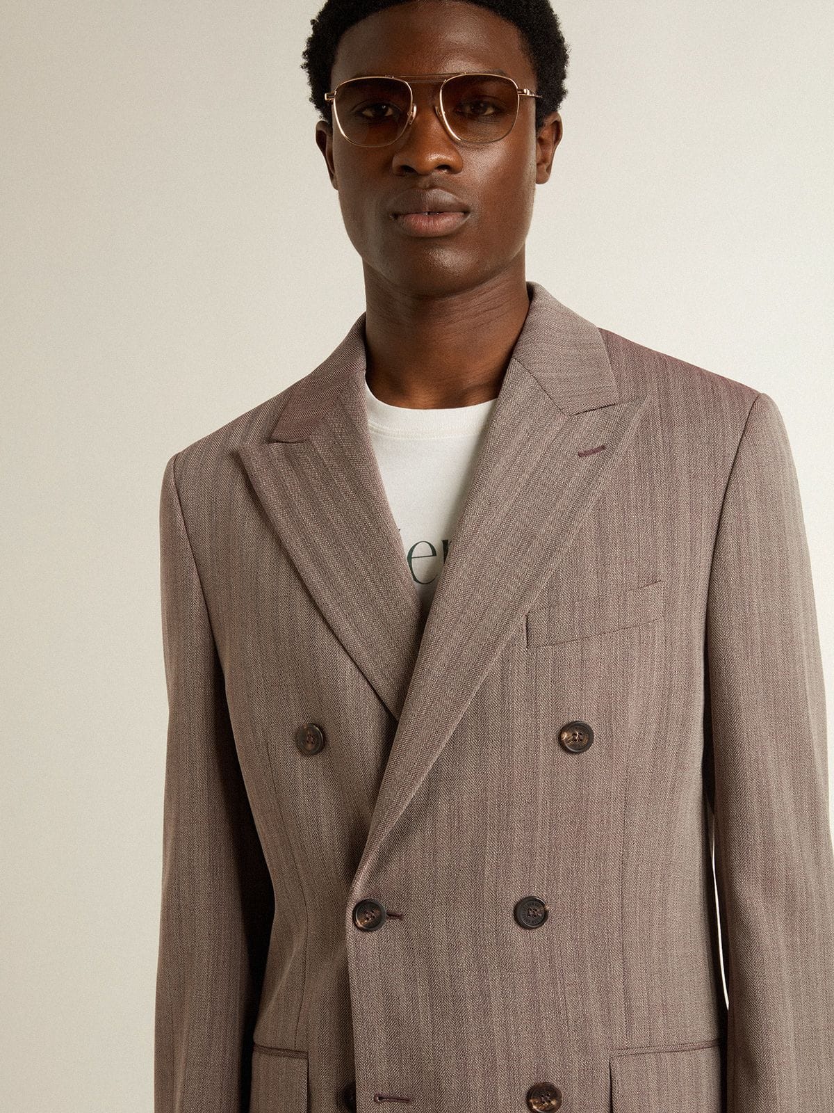 Men's beige chevron wool blend double-breasted blazer - Golden Goose Men