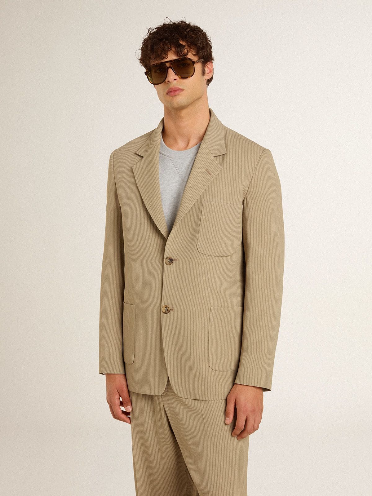Men's beige pinstripe single-breasted jacket with an oversized fit - Golden Goose Men