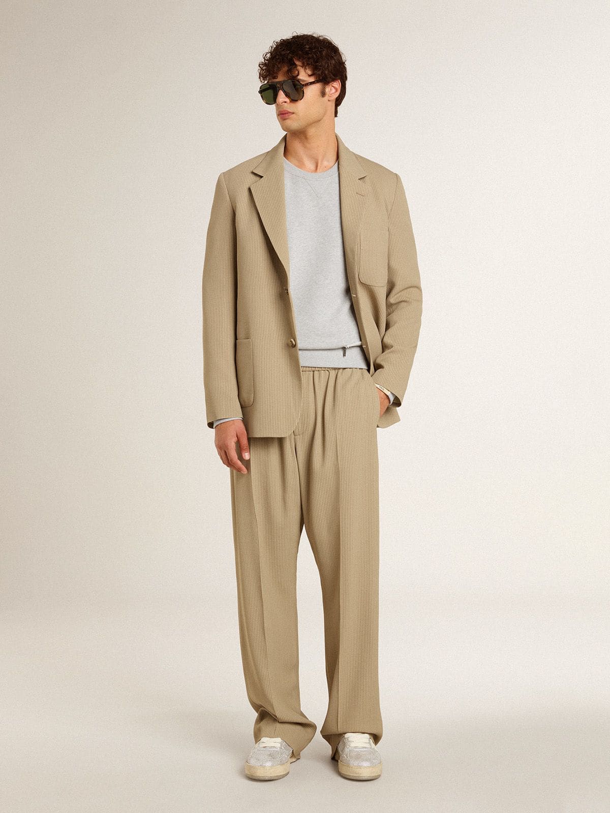 Men's beige pinstripe single-breasted jacket with an oversized fit - Golden Goose Men