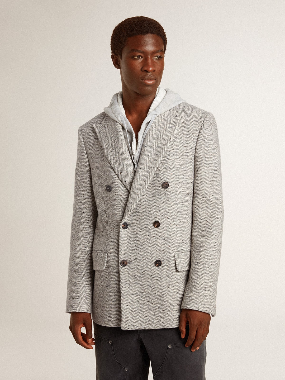 Men's double-breasted jacket in gray silk and chevron wool - Golden Goose Men