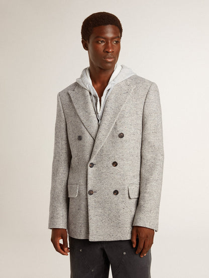 Men's double-breasted jacket in gray silk and chevron wool - Golden Goose Men