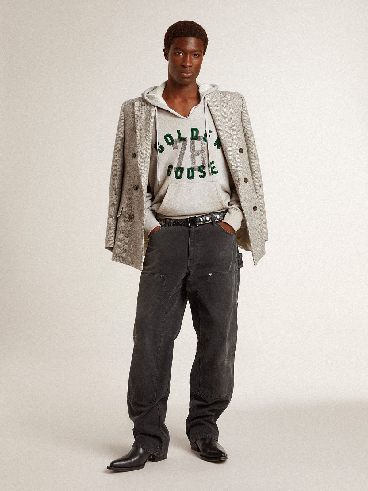 Men's double-breasted jacket in gray silk and chevron wool - Golden Goose Men