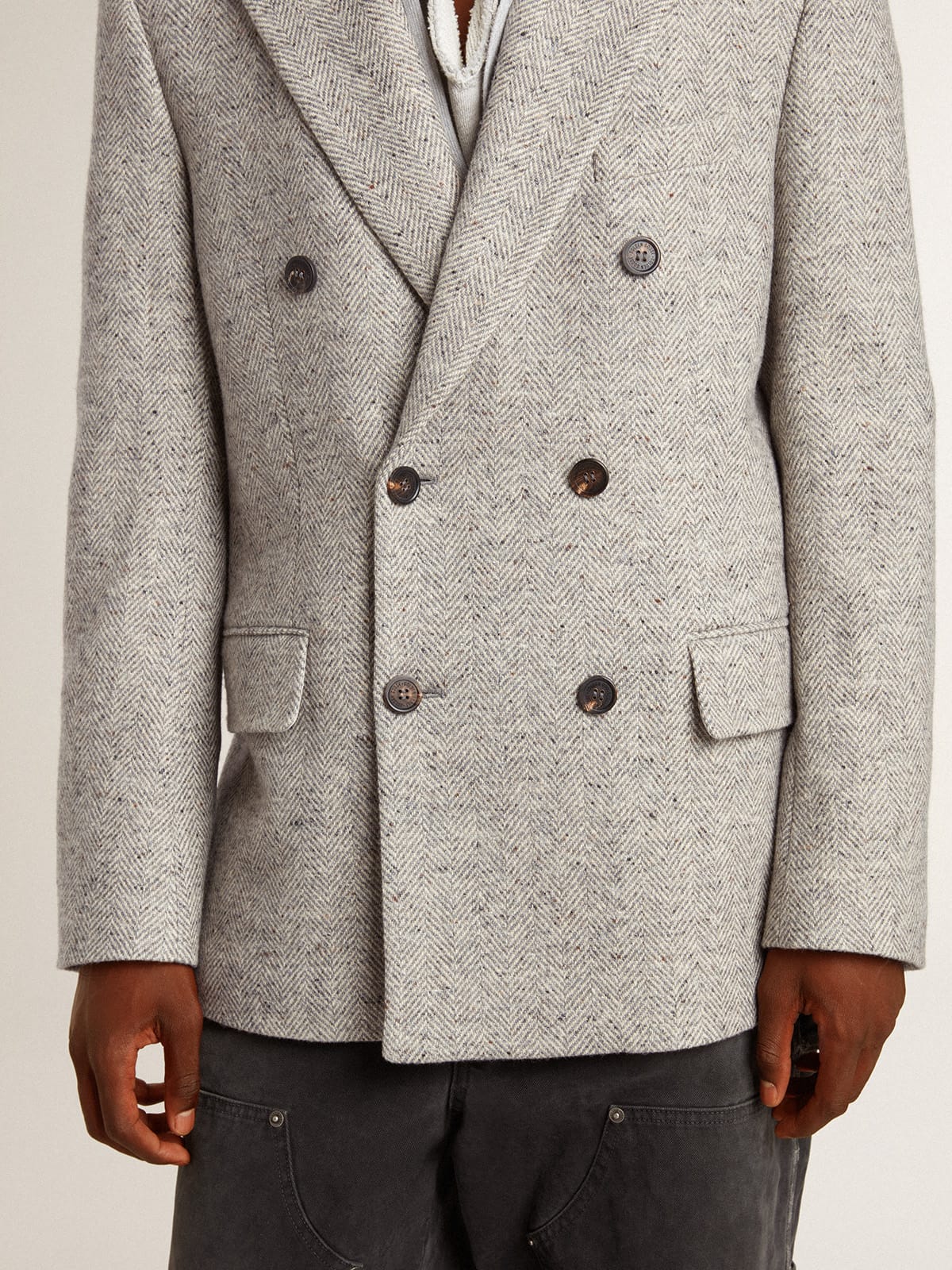 Men's double-breasted jacket in gray silk and chevron wool - Golden Goose Men
