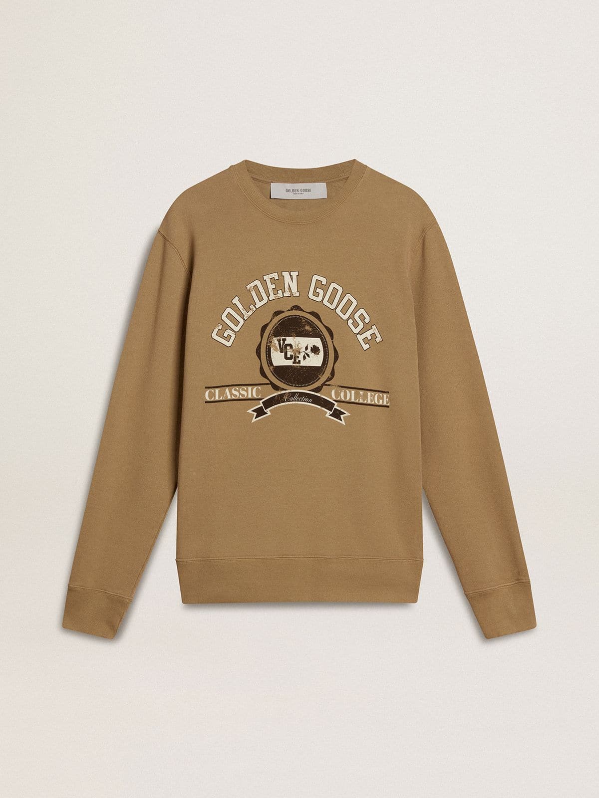 Men's beige cotton sweatshirt with print on the front - Golden Goose Men