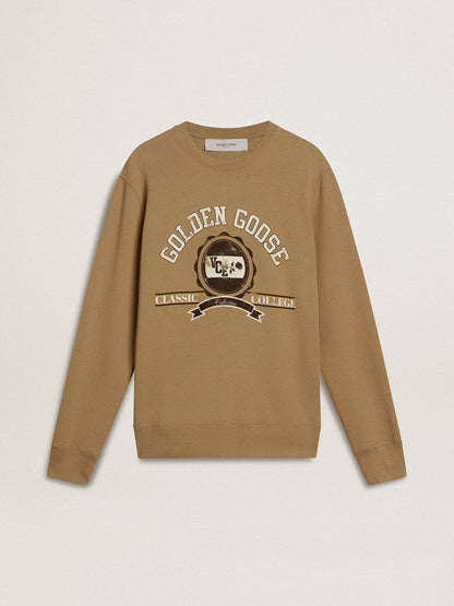 Men's beige cotton sweatshirt with print on the front - Golden Goose Men